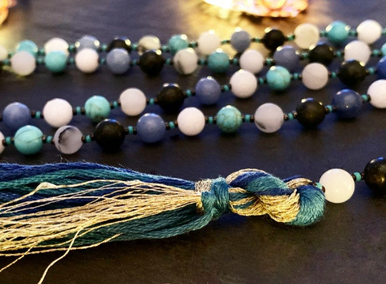 Mala for Transformation, Wisdom and Change with Serpentine, Turquoise, White Jade & Blue Aventurine. Crown Chakra Healing and Balancing.