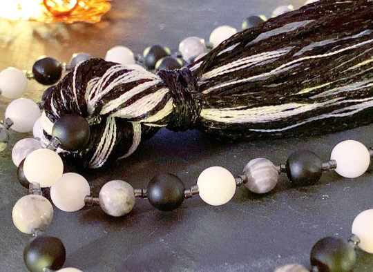 Mala to ease Depression, Soothe Anxiety and promote Self Confidence made with Grey Scenery Jasper, Bright White Jade Frosted Black Agate.