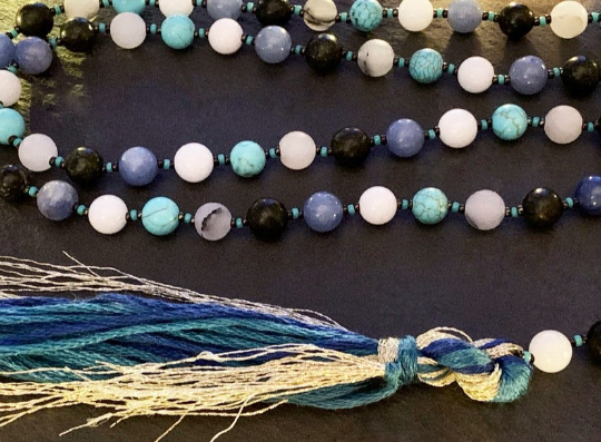 Mala for Transformation, Wisdom and Change with Serpentine, Turquoise, White Jade & Blue Aventurine. Crown Chakra Healing and Balancing.