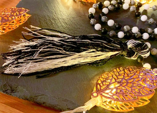 Mala to ease Depression, Soothe Anxiety and promote Self Confidence made with Grey Scenery Jasper, Bright White Jade Frosted Black Agate.